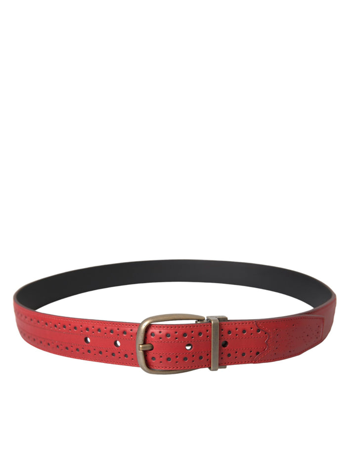 Red perforated leather metal buckle belt men