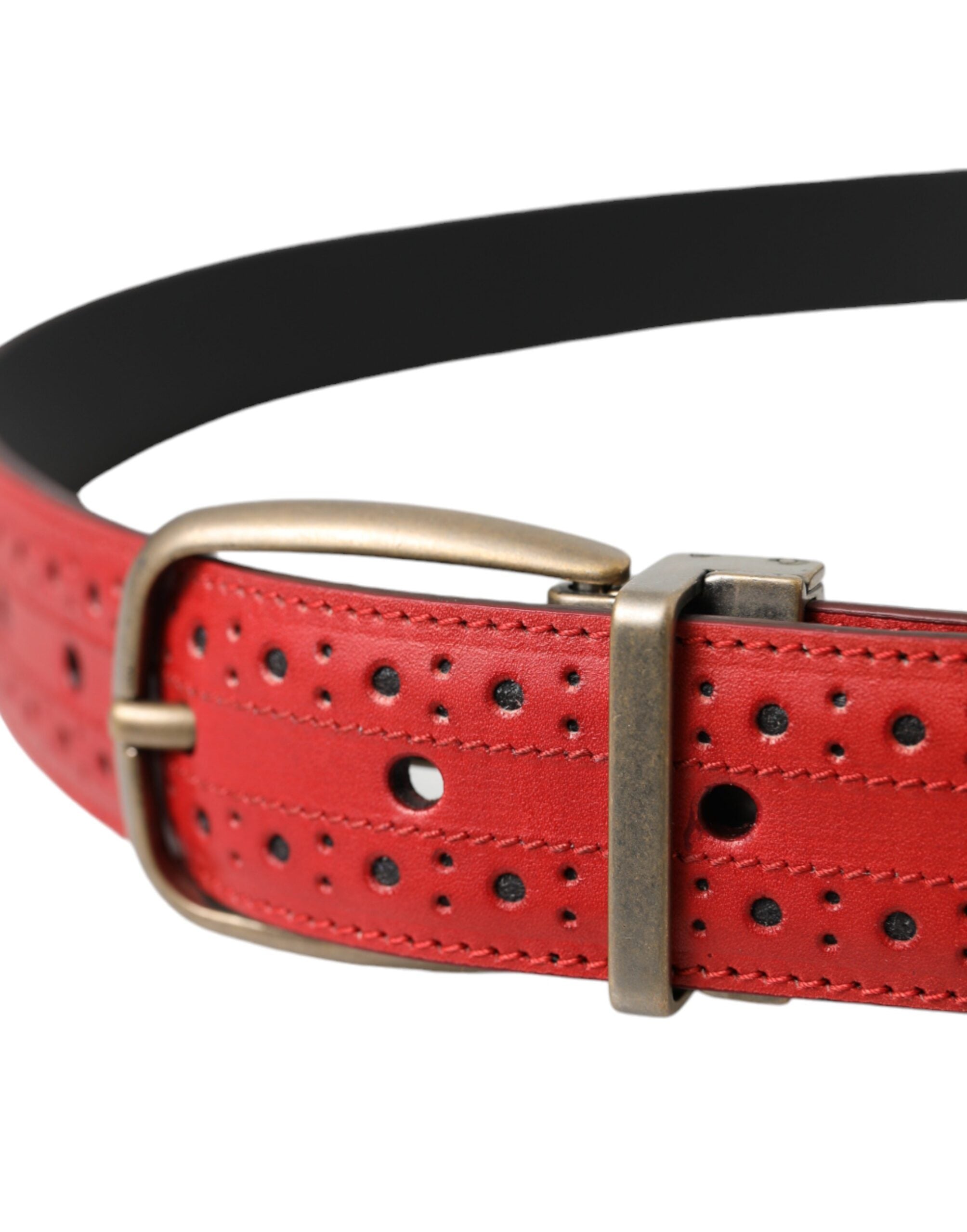 Red perforated leather metal buckle belt men