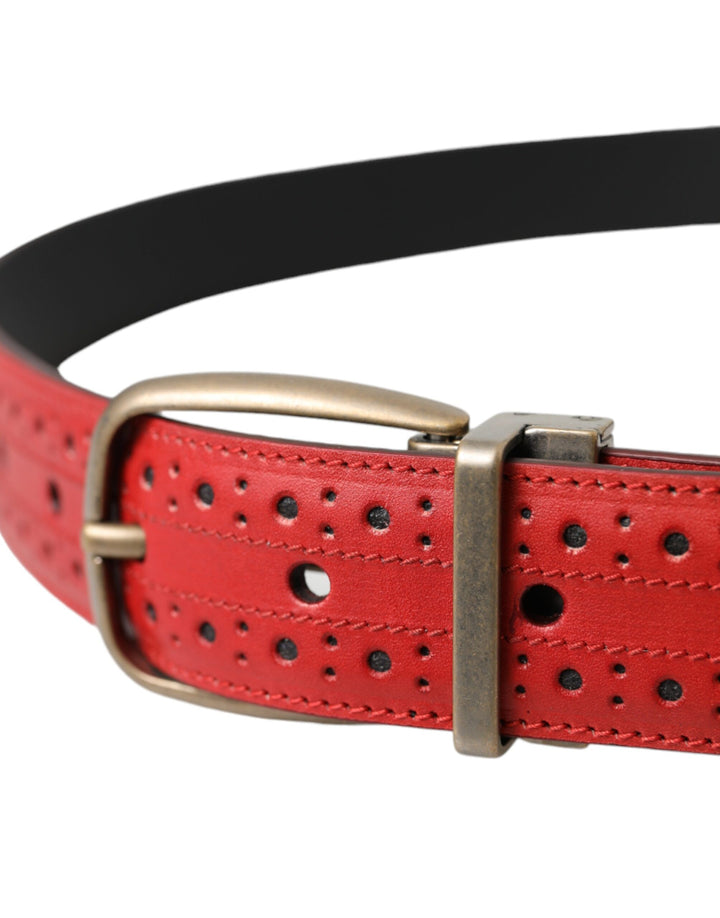 Red perforated leather metal buckle belt men