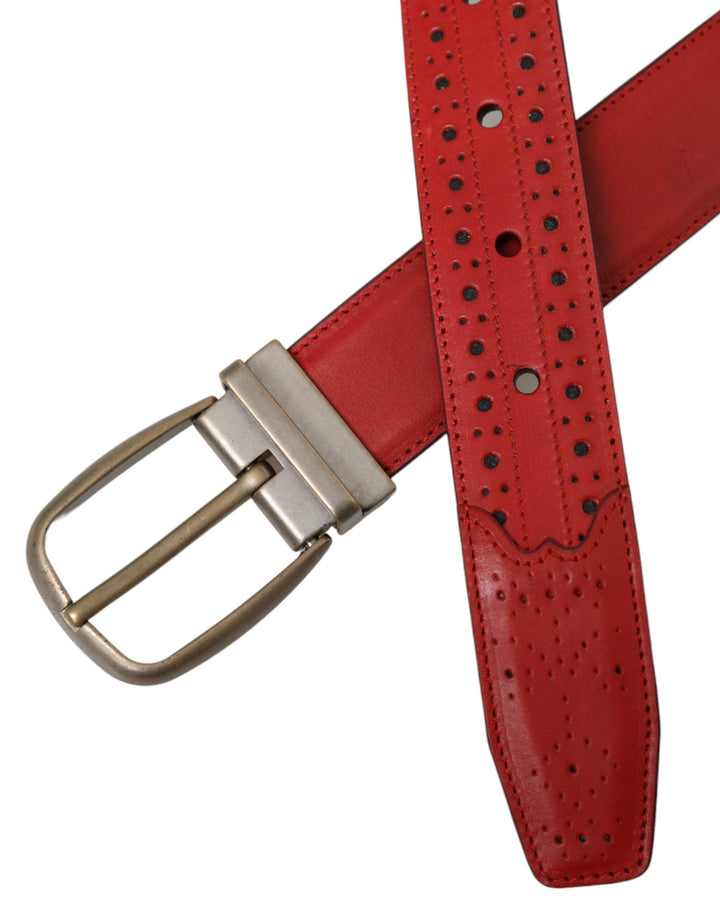 Red perforated leather metal buckle belt men