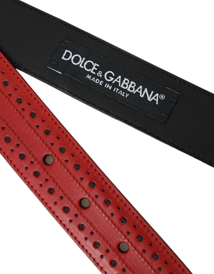 Red perforated leather metal buckle belt men