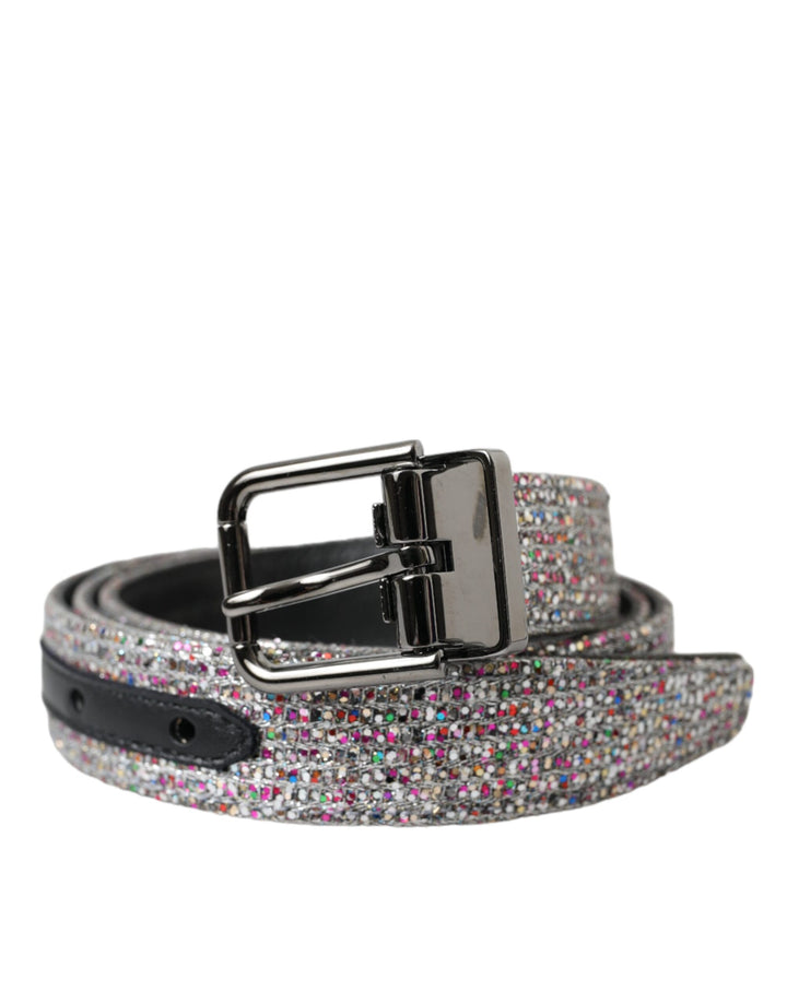 Multicolored, decorated belt with silver metal buckle