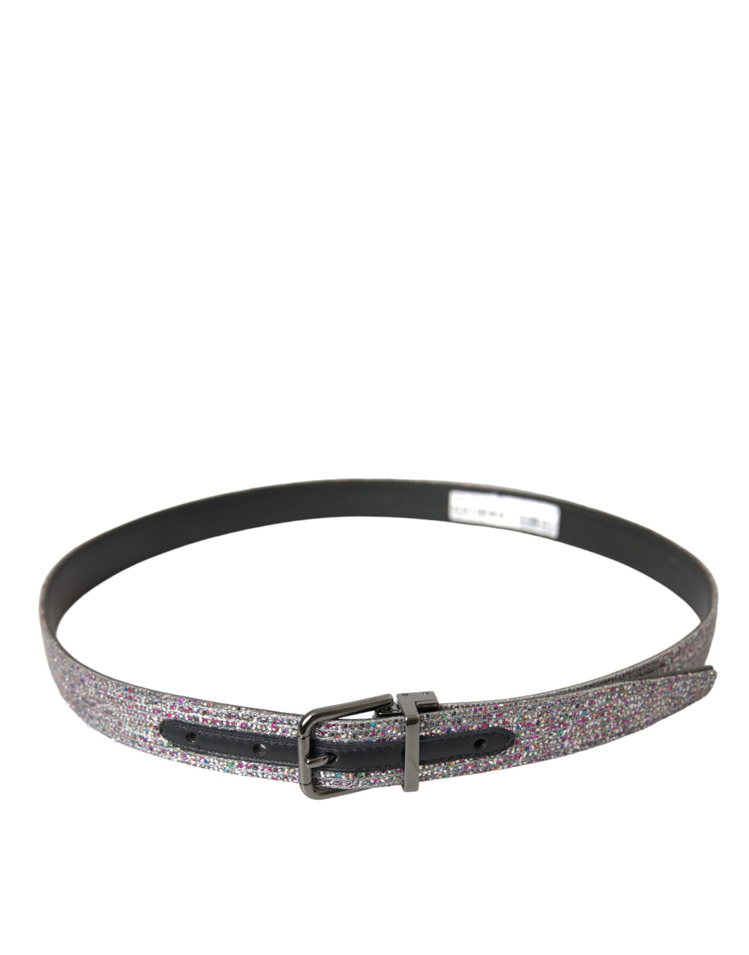 Multicolored, decorated belt with silver metal buckle