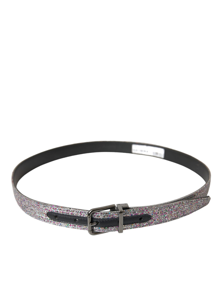 Multicolored, decorated belt with silver metal buckle