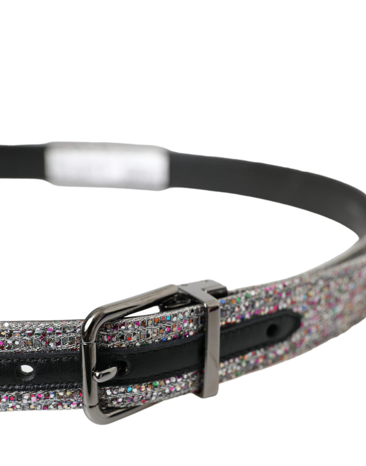 Multicolored, decorated belt with silver metal buckle
