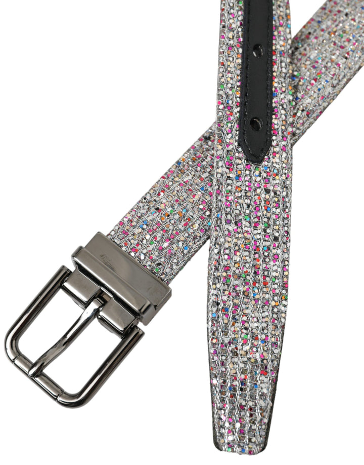 Multicolored, decorated belt with silver metal buckle