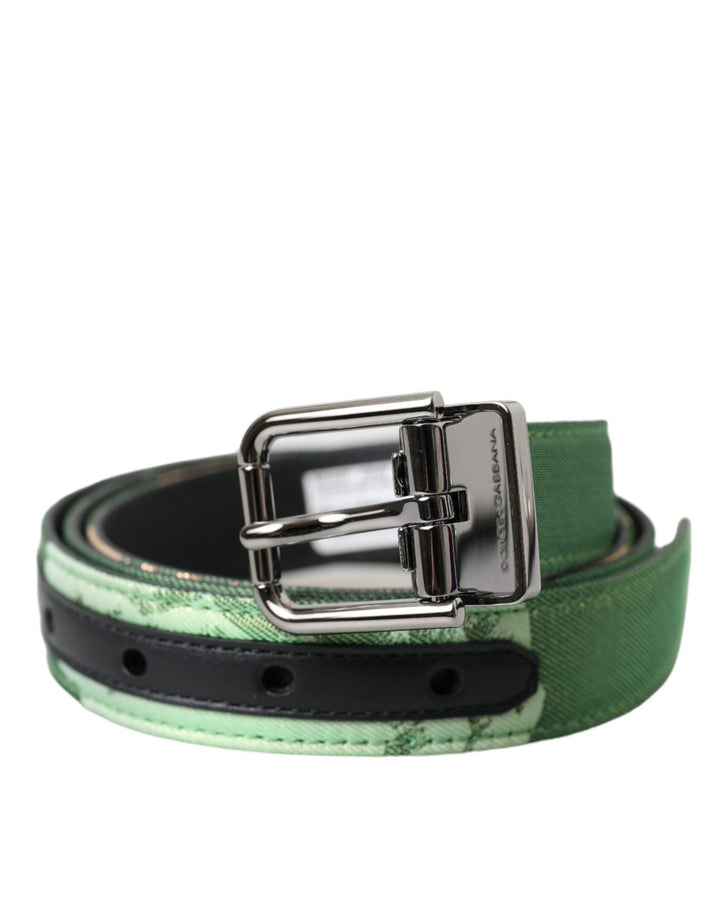 Green leather jacquard belt with silver metal buckle