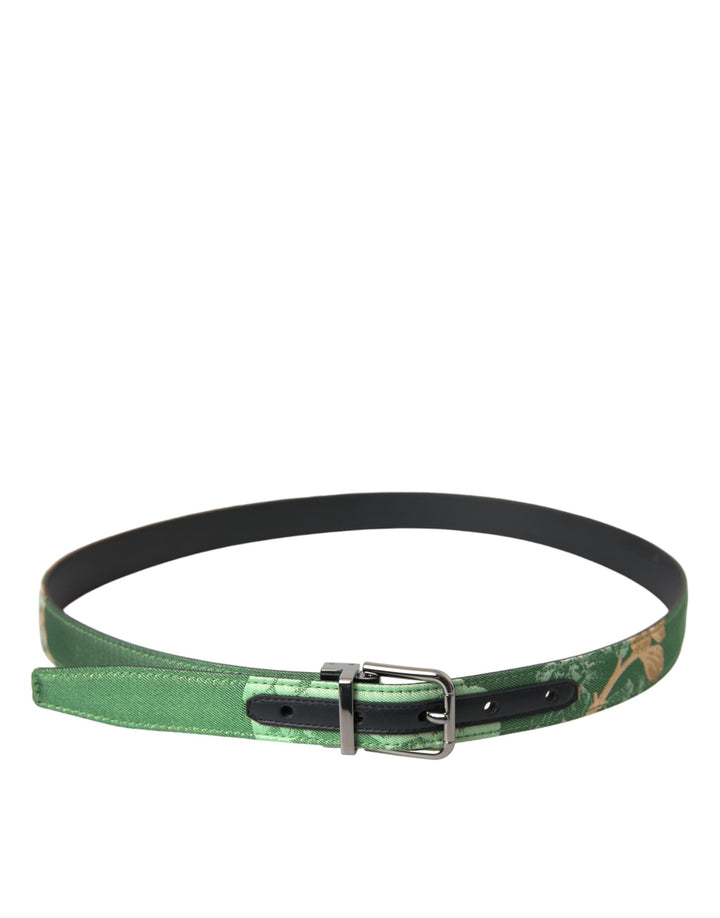 Green leather jacquard belt with silver metal buckle