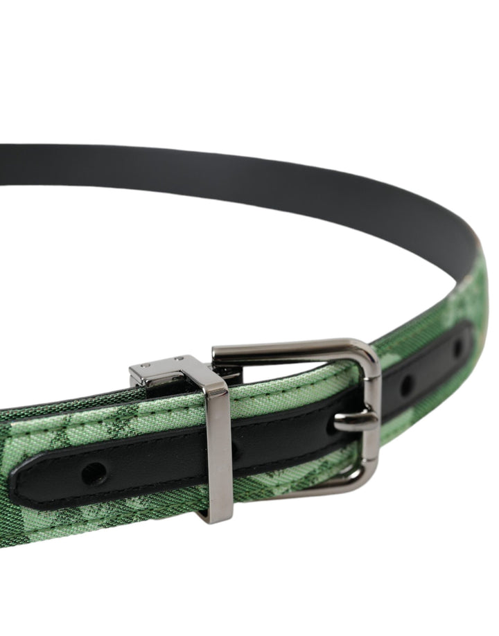 Green leather jacquard belt with silver metal buckle