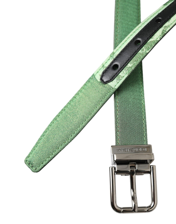 Green leather jacquard belt with silver metal buckle