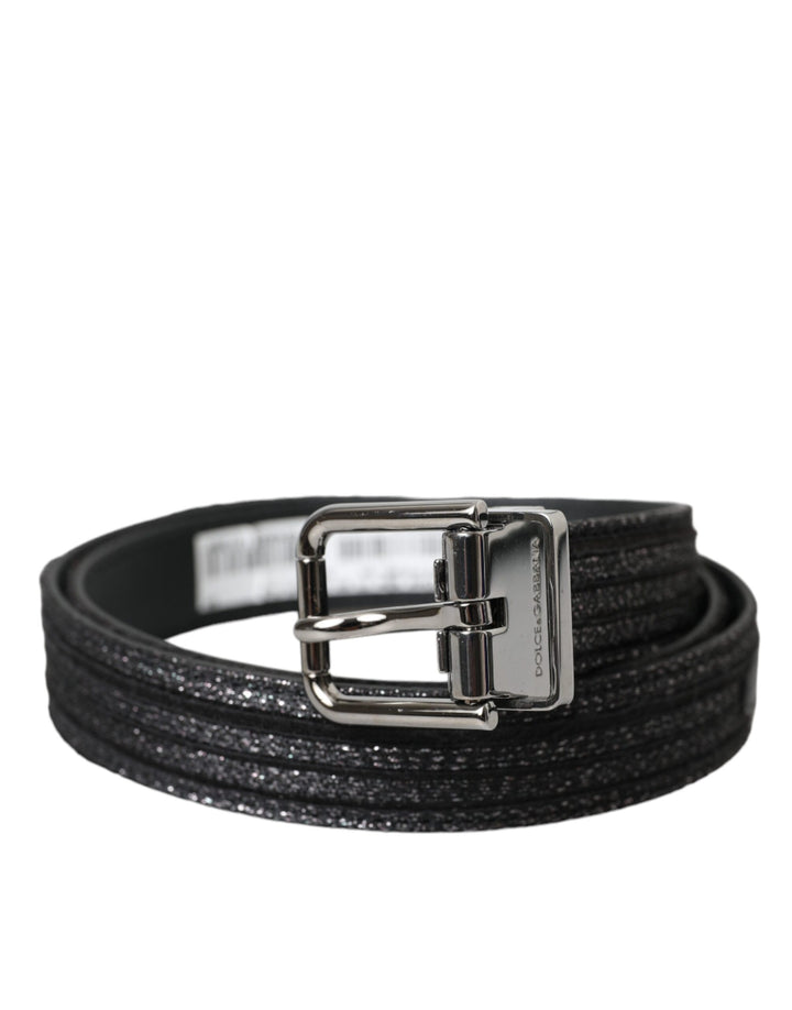 Black jacquard stripe belt with silver metal buckle
