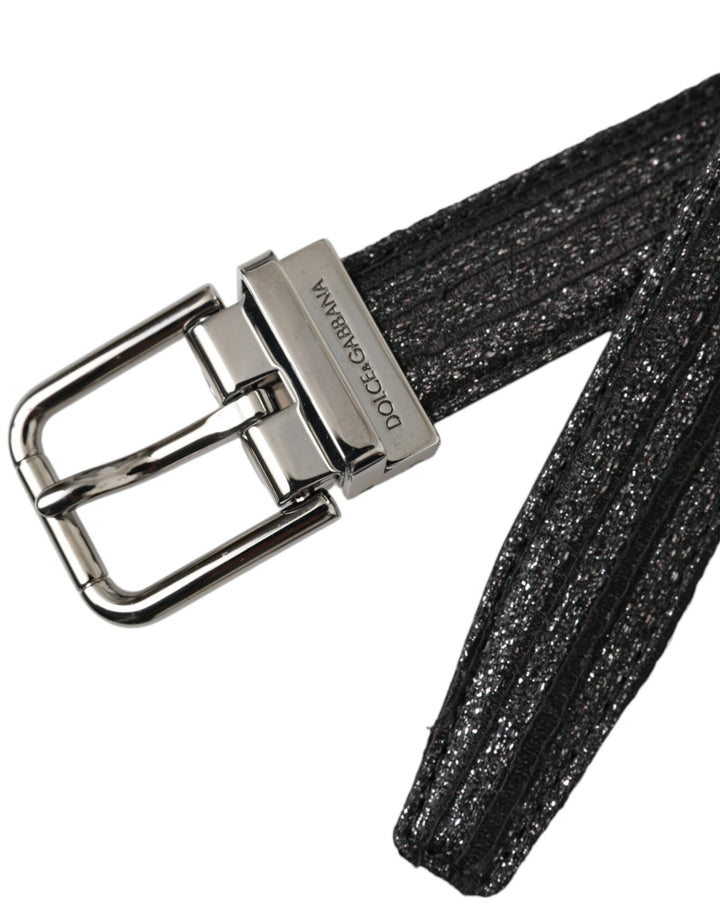 Black jacquard stripe belt with silver metal buckle