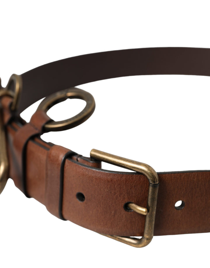 Brown calf leather gold metal buckle belt men