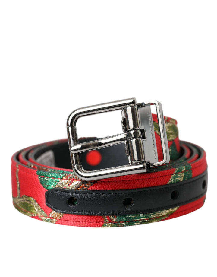 Red leather jacquard belt with silver metal buckle