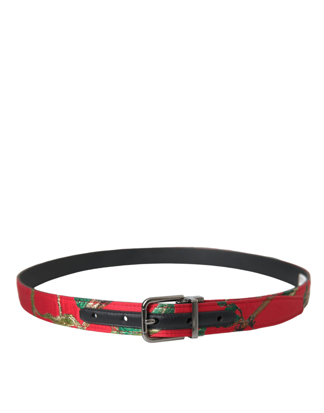 Red leather jacquard belt with silver metal buckle