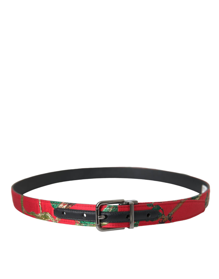 Red leather jacquard belt with silver metal buckle