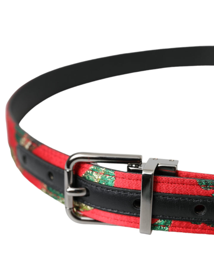 Red leather jacquard belt with silver metal buckle