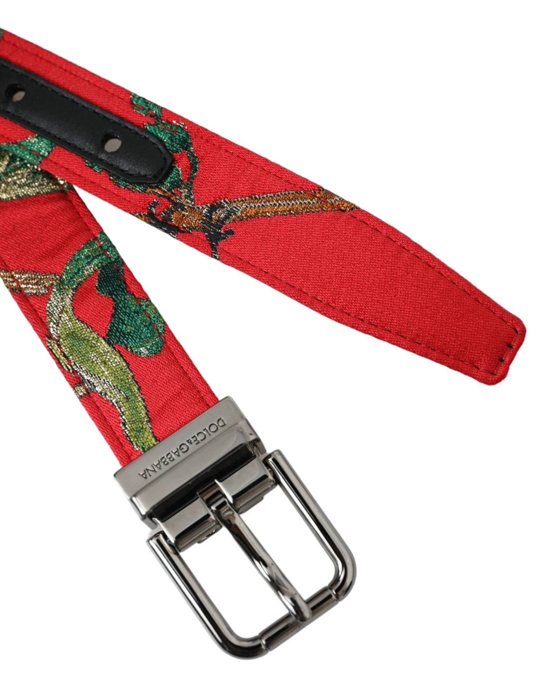Red leather jacquard belt with silver metal buckle