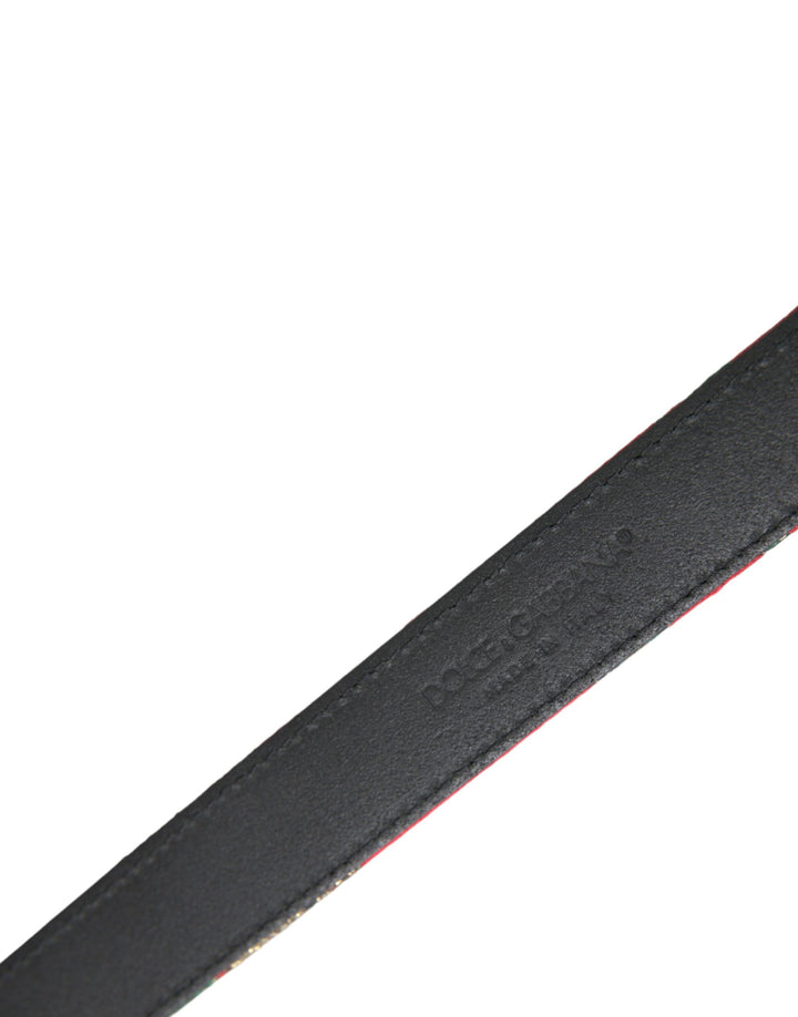 Red leather jacquard belt with silver metal buckle