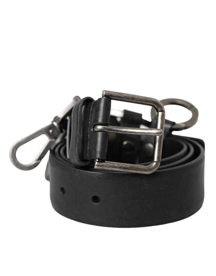 Black calf leather silver metal buckle belt
