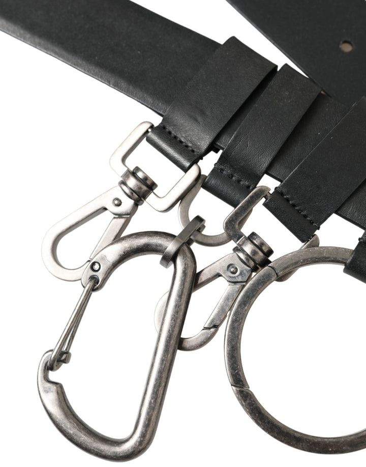 Black calf leather silver metal buckle belt