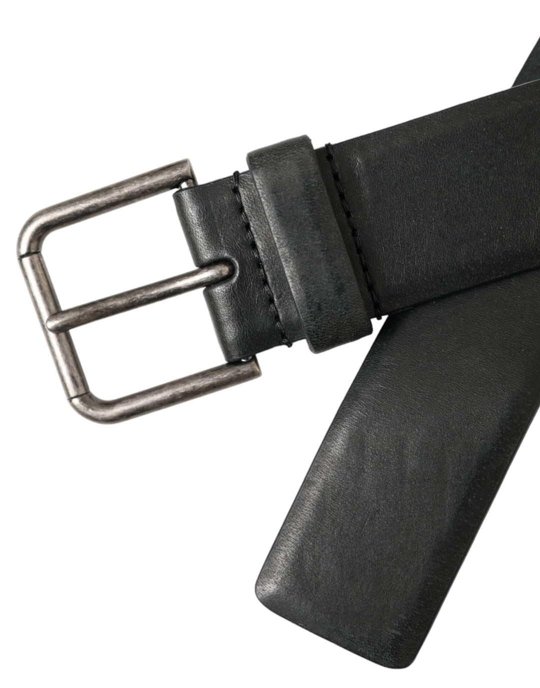Black calf leather silver metal buckle belt