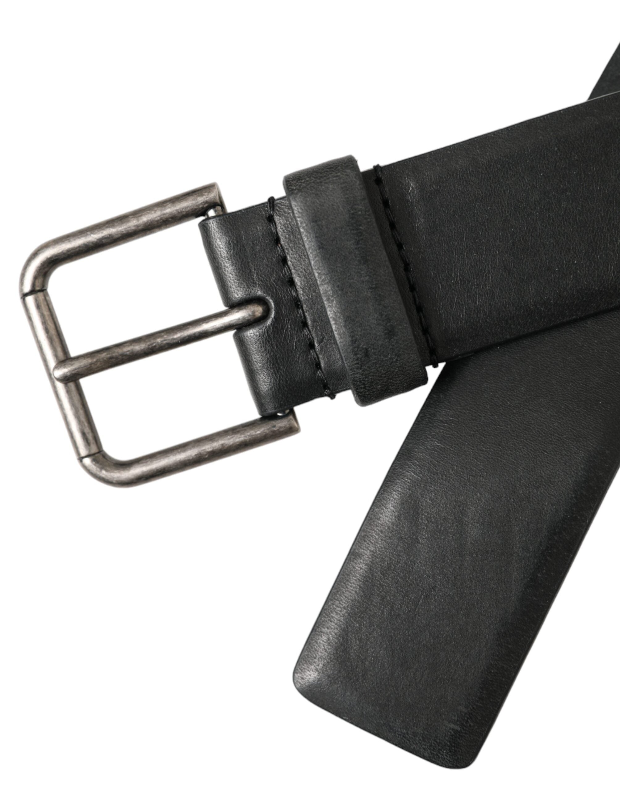 Black calf leather silver metal buckle belt