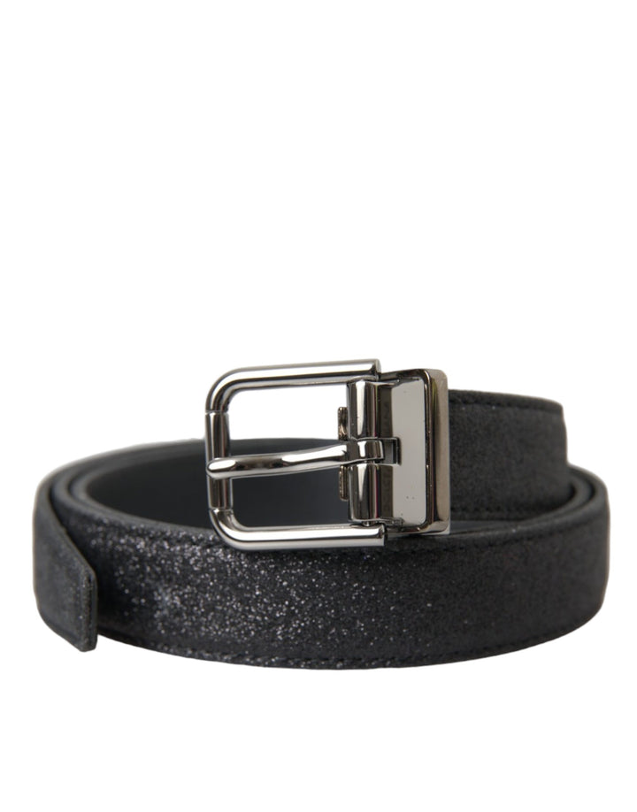 Black glitter leather belt with silver buckle