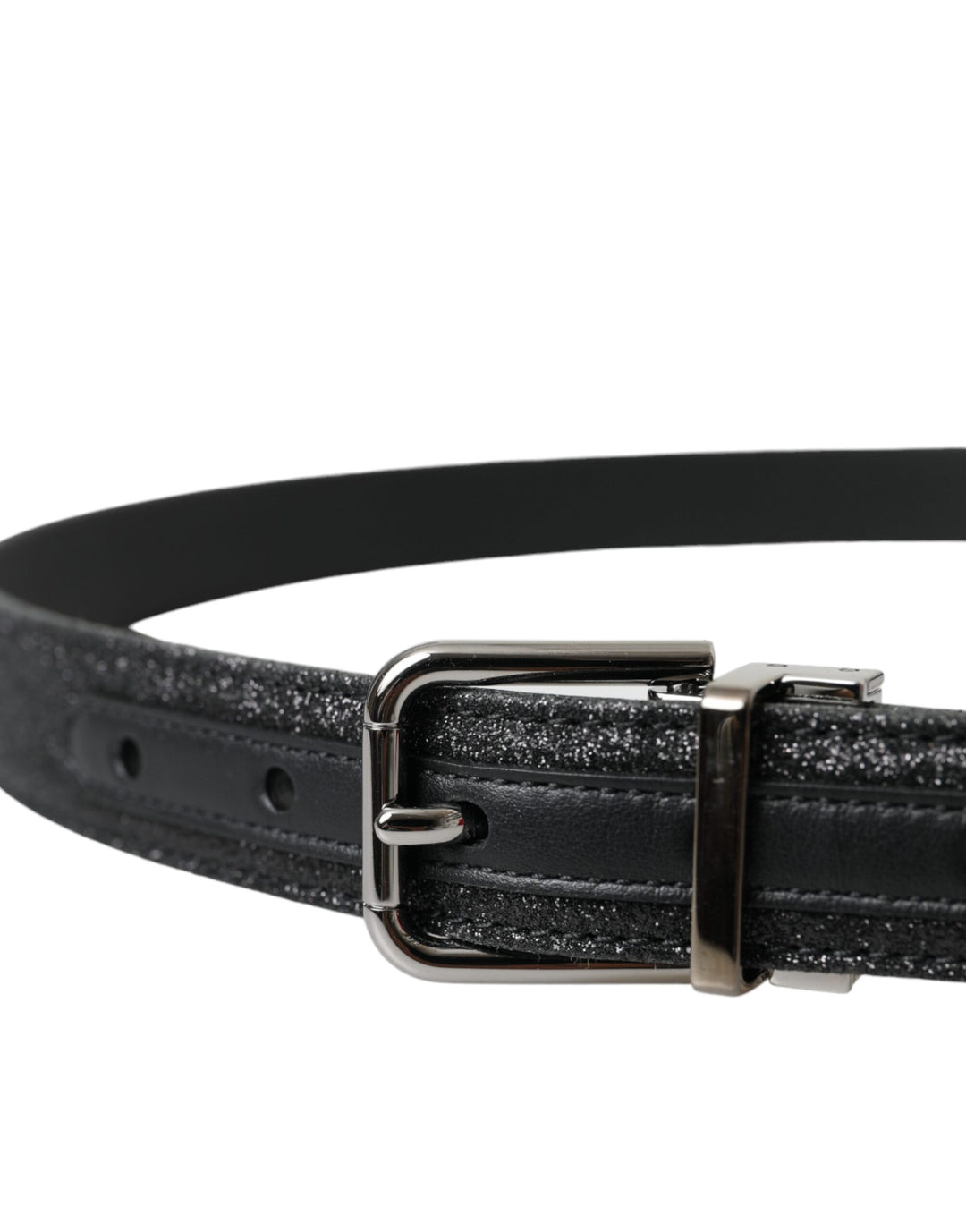 Black glitter leather belt with silver buckle