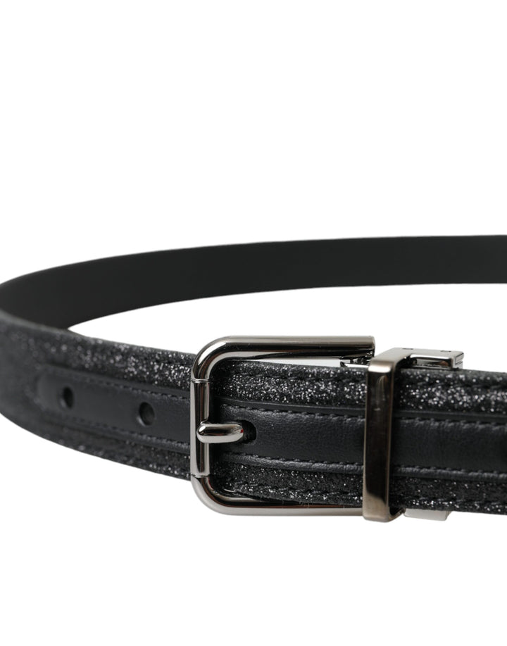 Black glitter leather belt with silver buckle