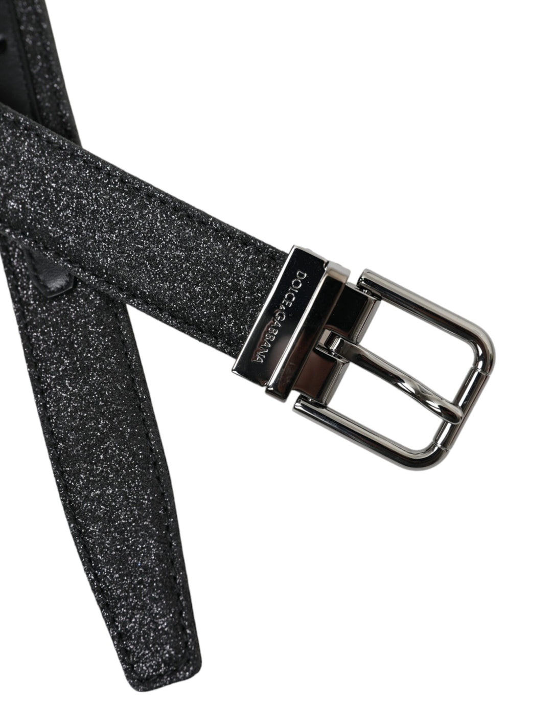 Black glitter leather belt with silver buckle