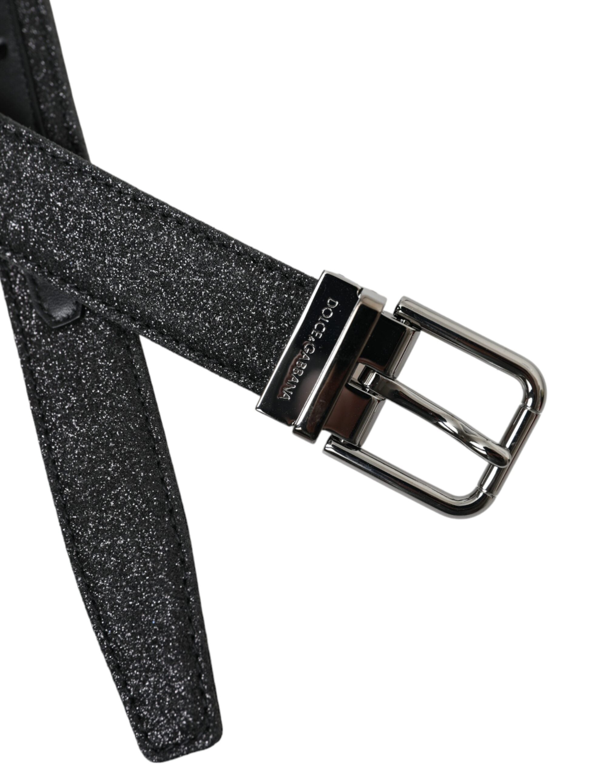 Black glitter leather belt with silver buckle