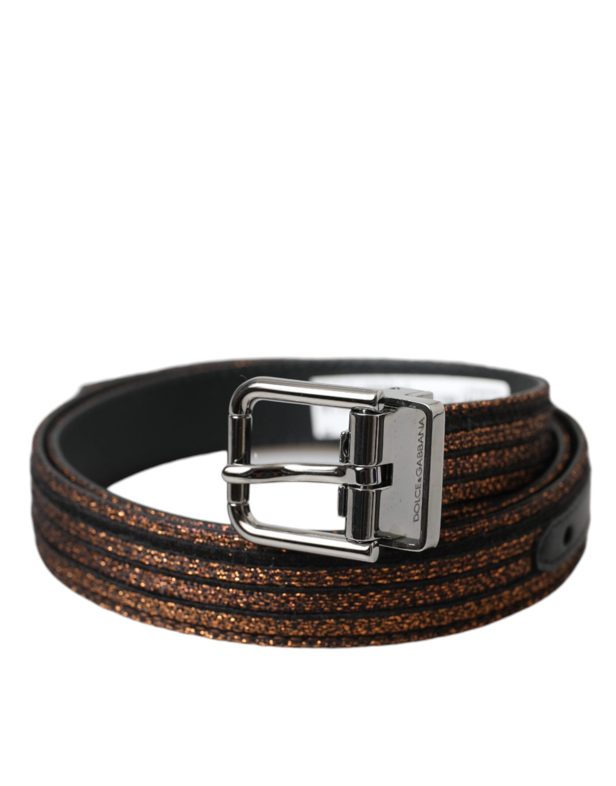 Gold-colored jacquard stripe belt with silver metal buckle