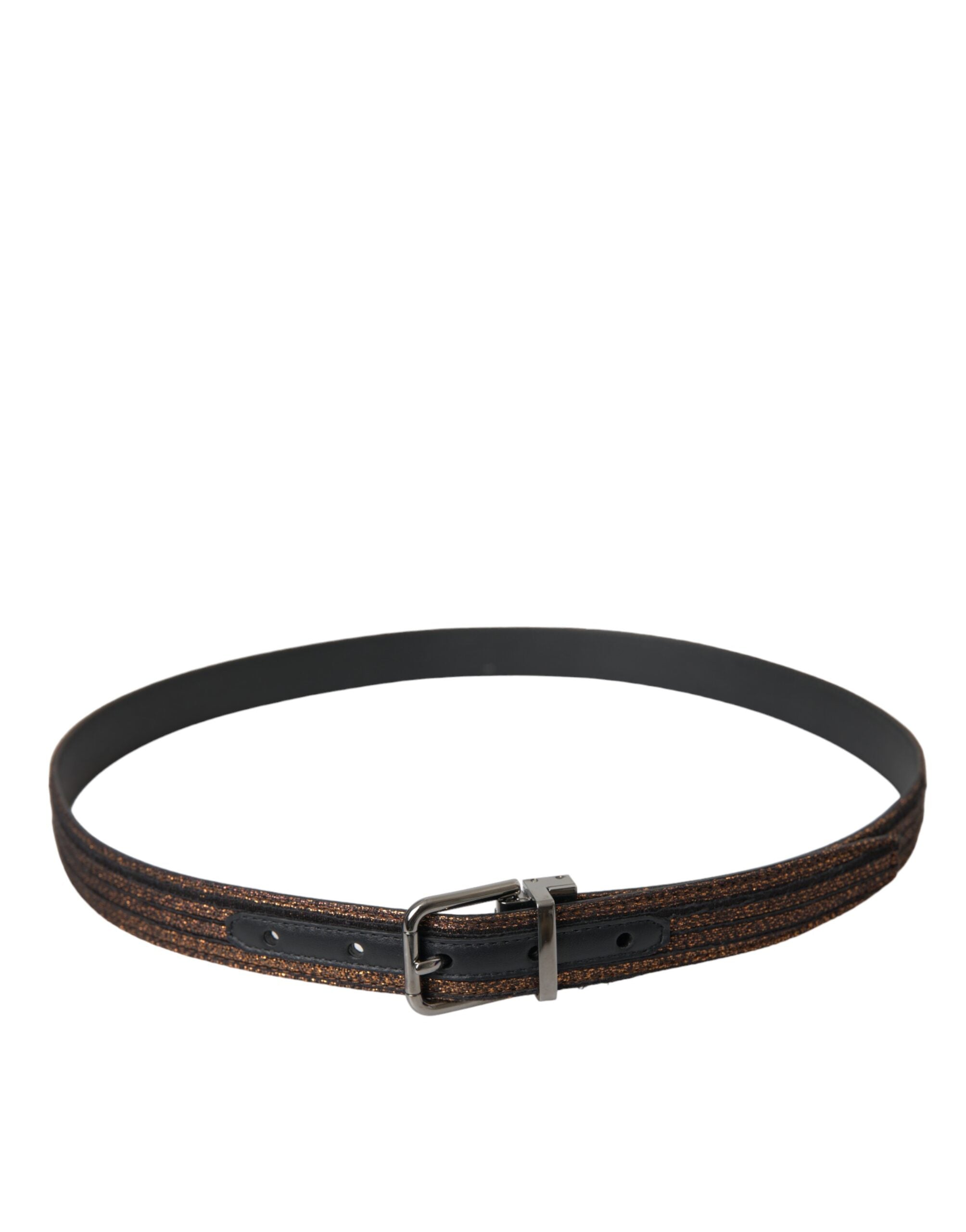 Gold-colored jacquard stripe belt with silver metal buckle