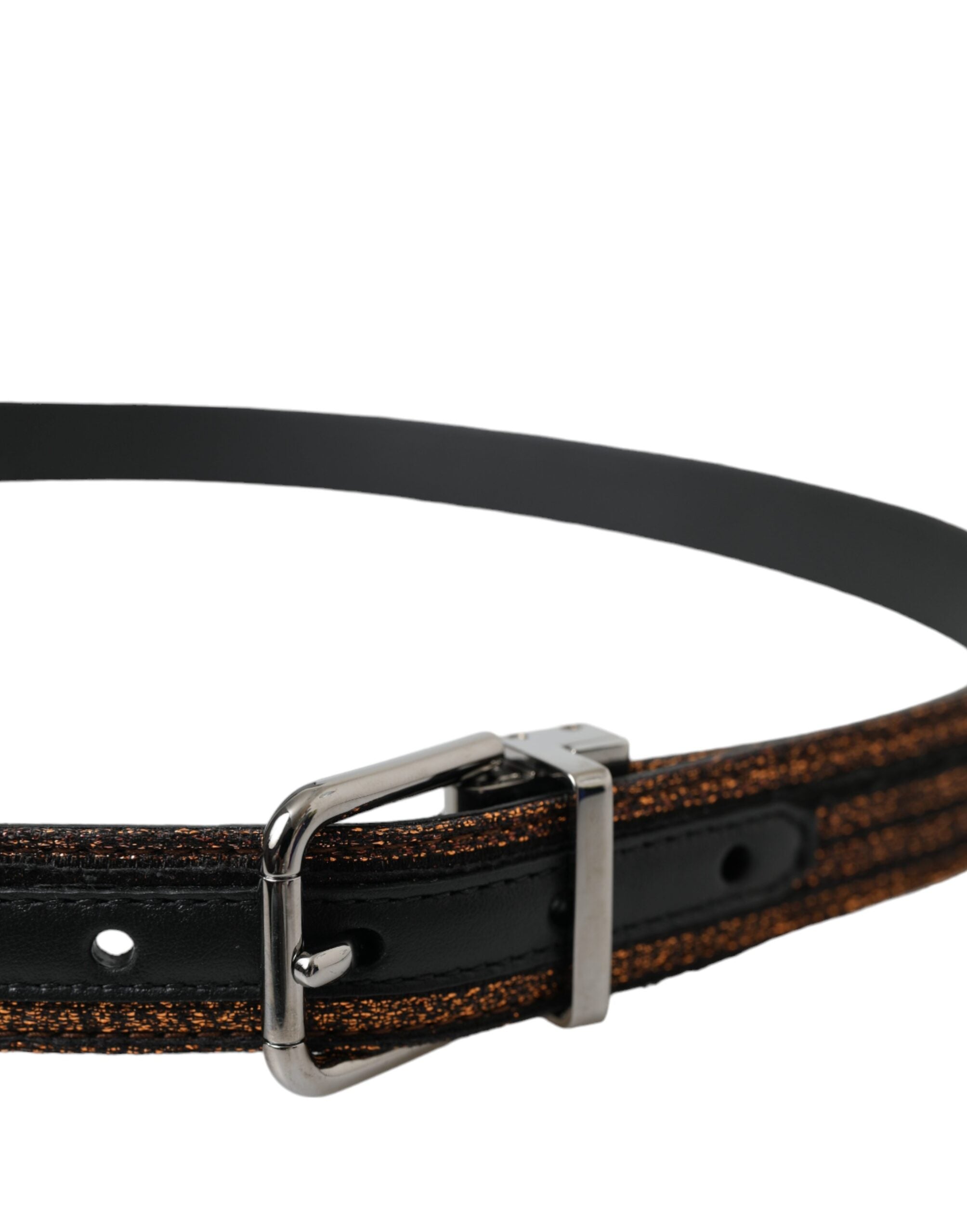 Gold-colored jacquard stripe belt with silver metal buckle