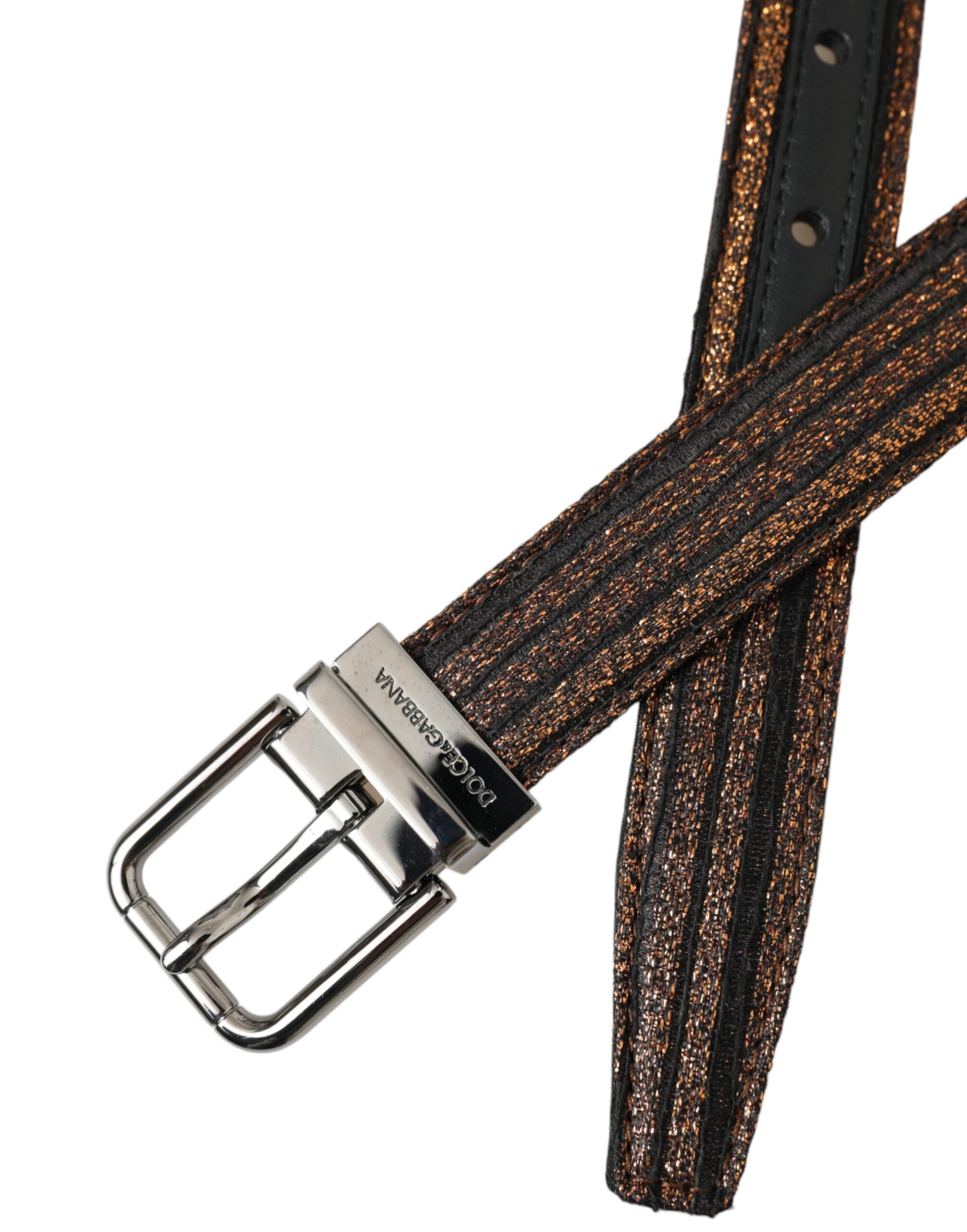 Gold-colored jacquard stripe belt with silver metal buckle