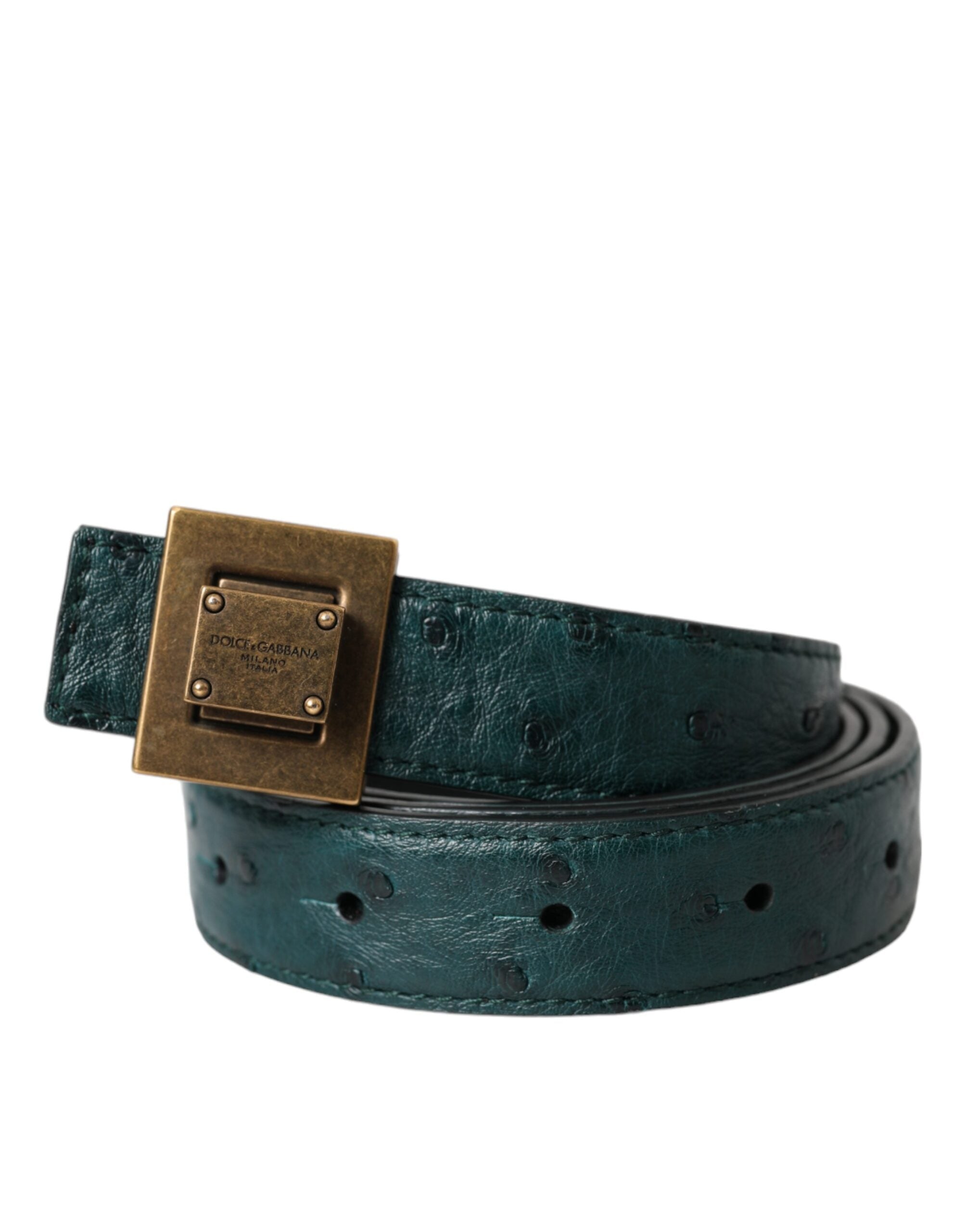 Dark green leather belt with square metal buckle