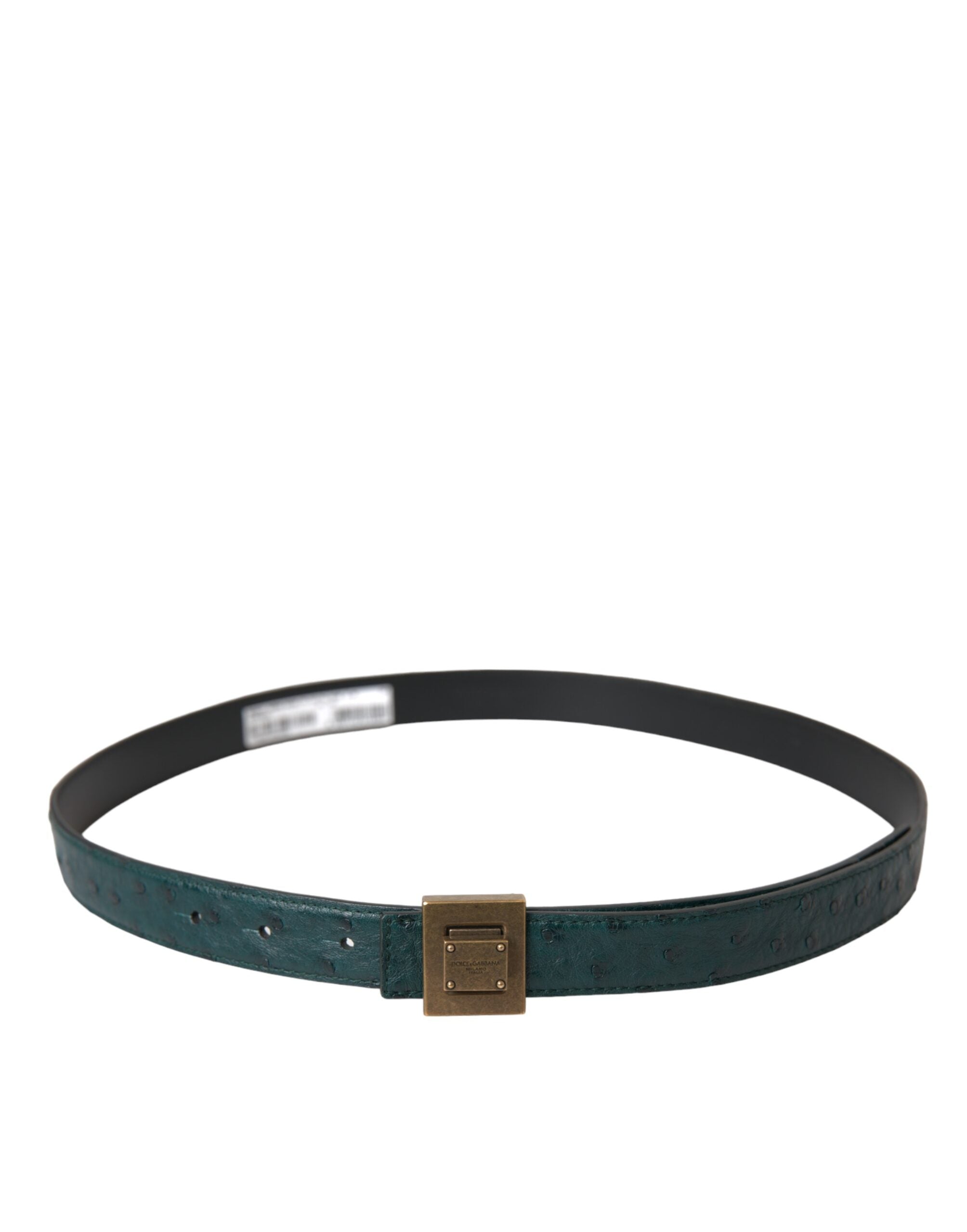 Dark green leather belt with square metal buckle