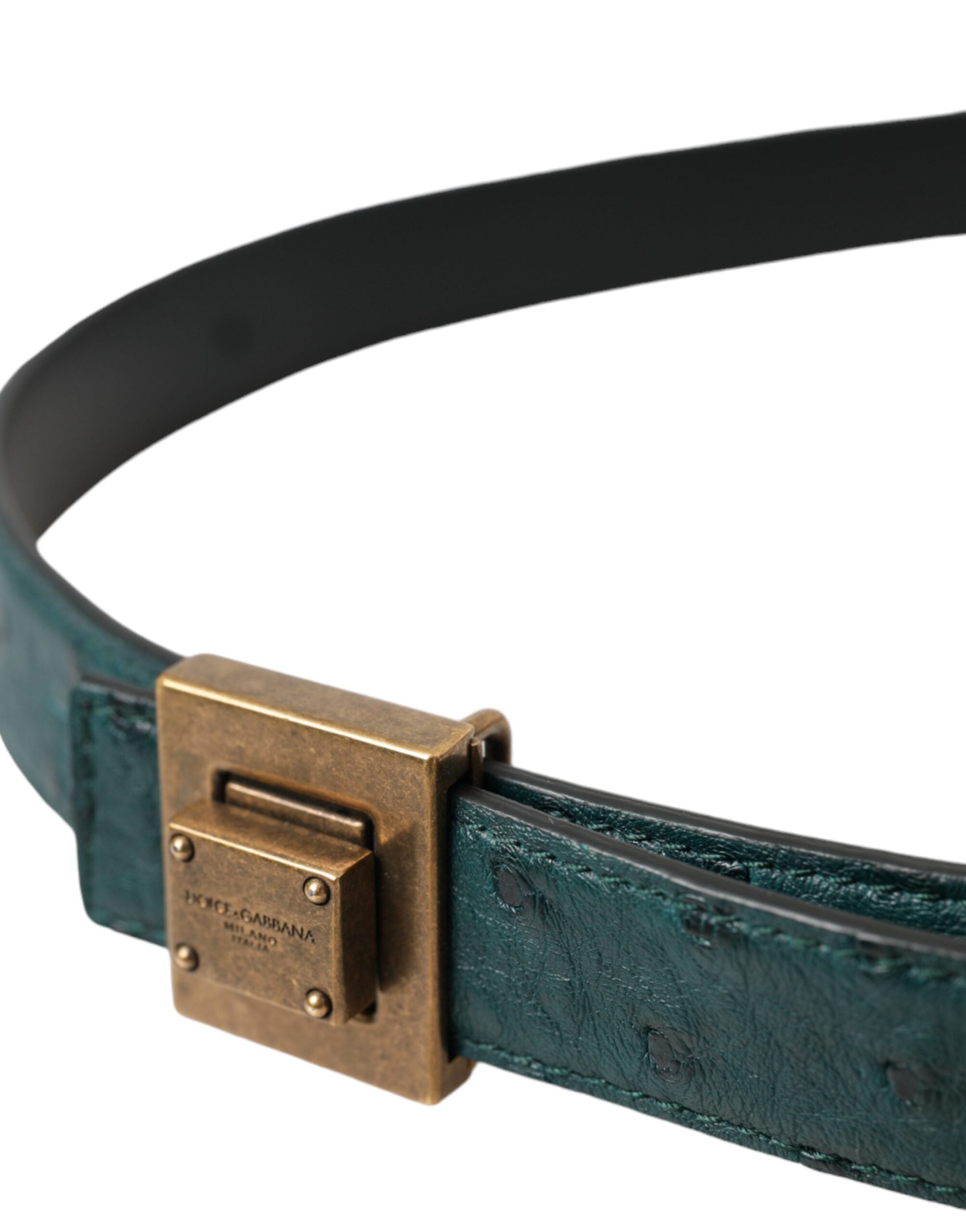 Dark green leather belt with square metal buckle