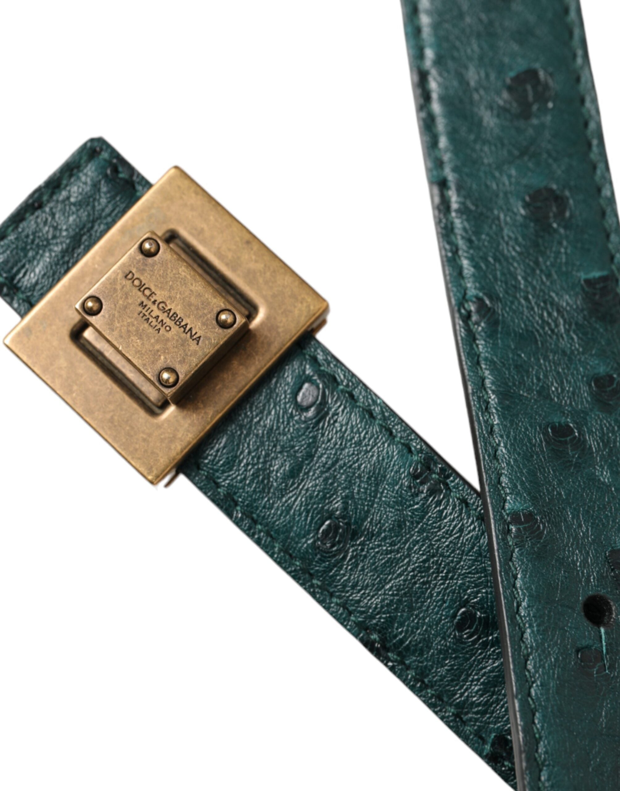 Dark green leather belt with square metal buckle