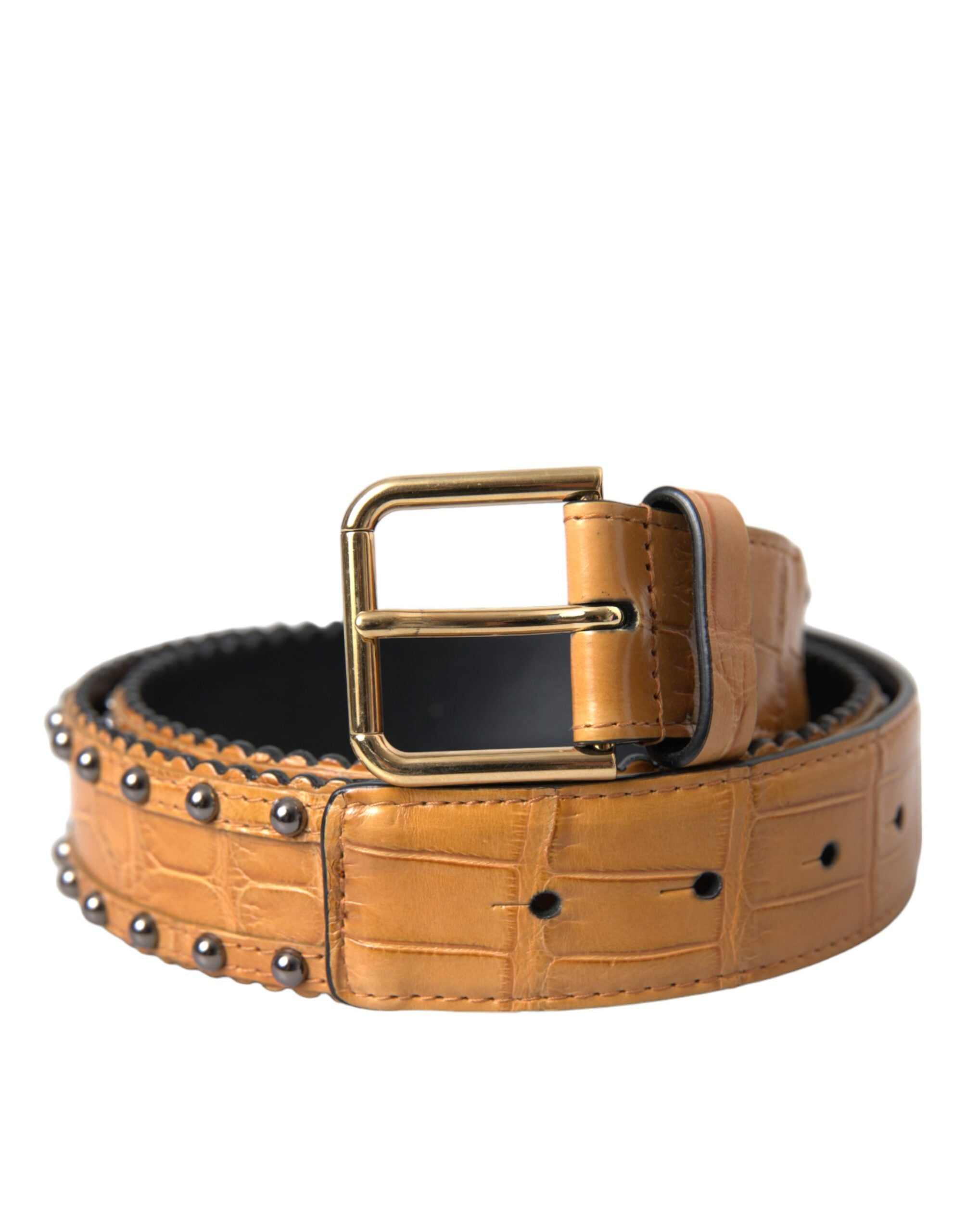 Beige alligator leather studded belt with metal buckle