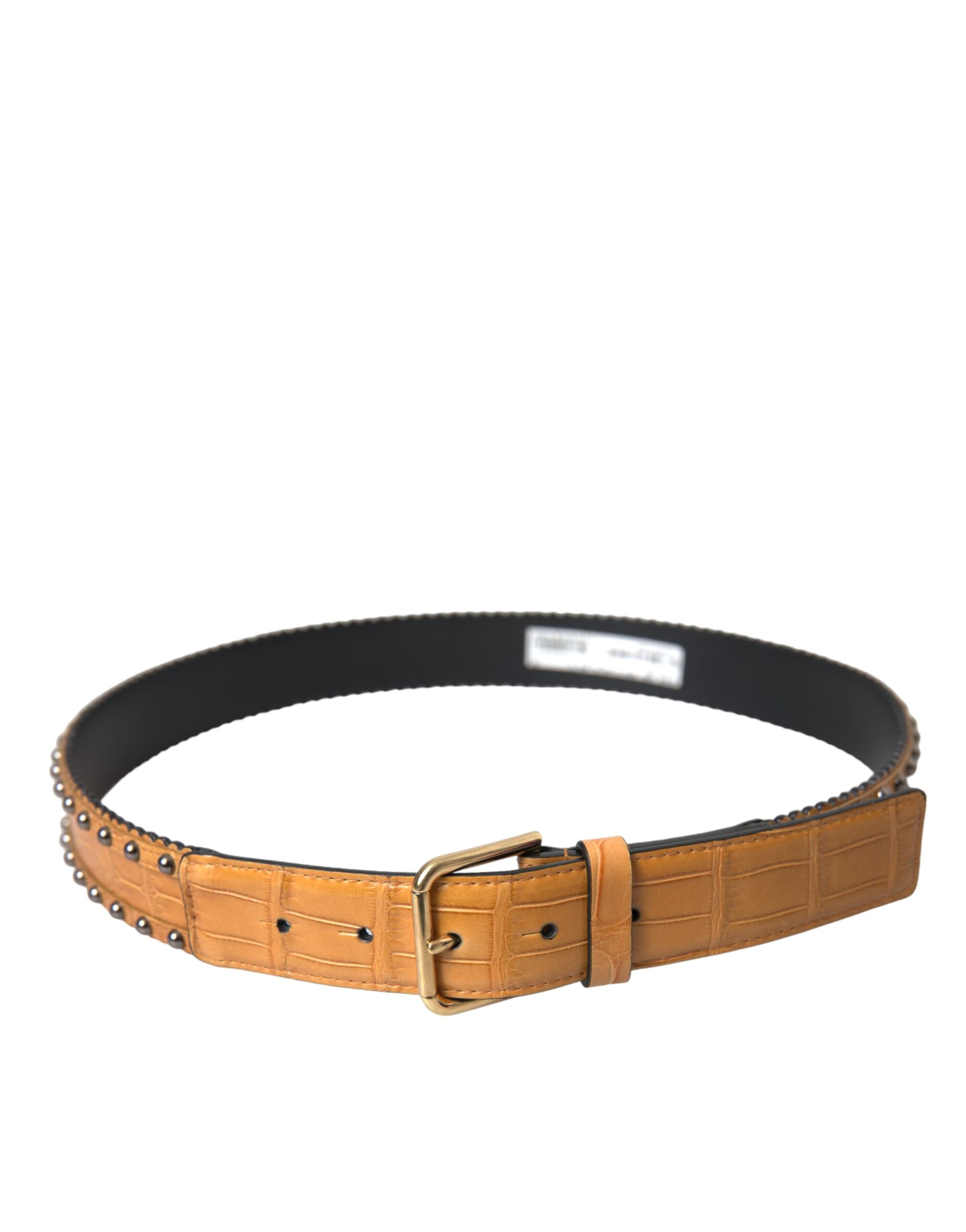 Beige alligator leather studded belt with metal buckle