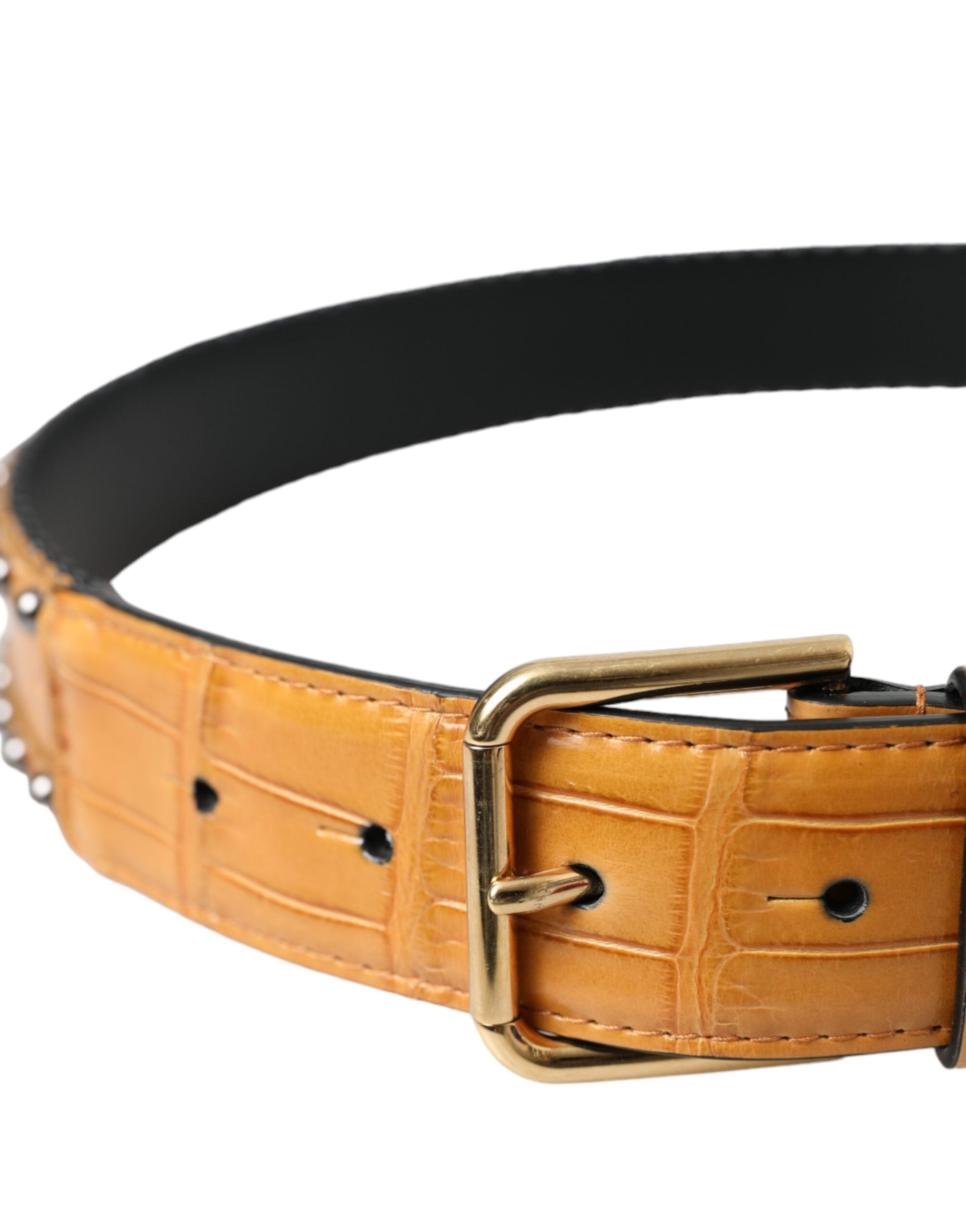 Beige alligator leather studded belt with metal buckle