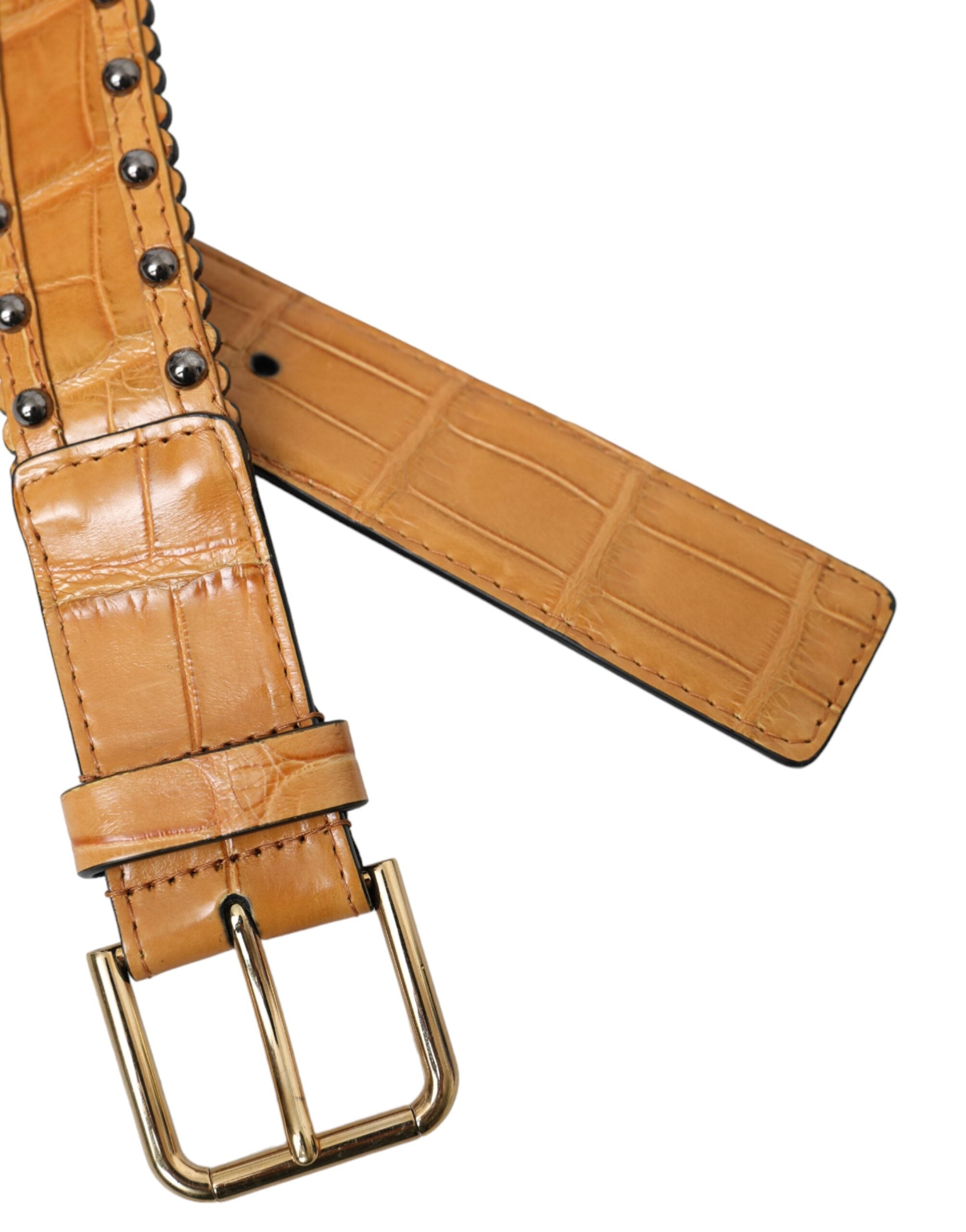 Beige alligator leather studded belt with metal buckle