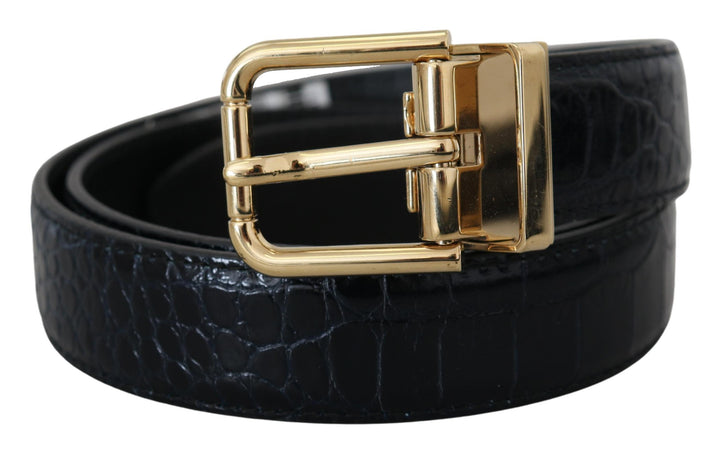 Black exotic leather belt with gold metal buckle