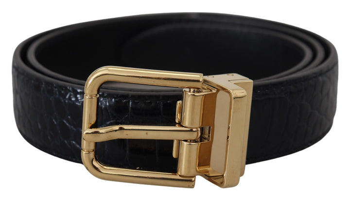 Black exotic leather belt with gold metal buckle