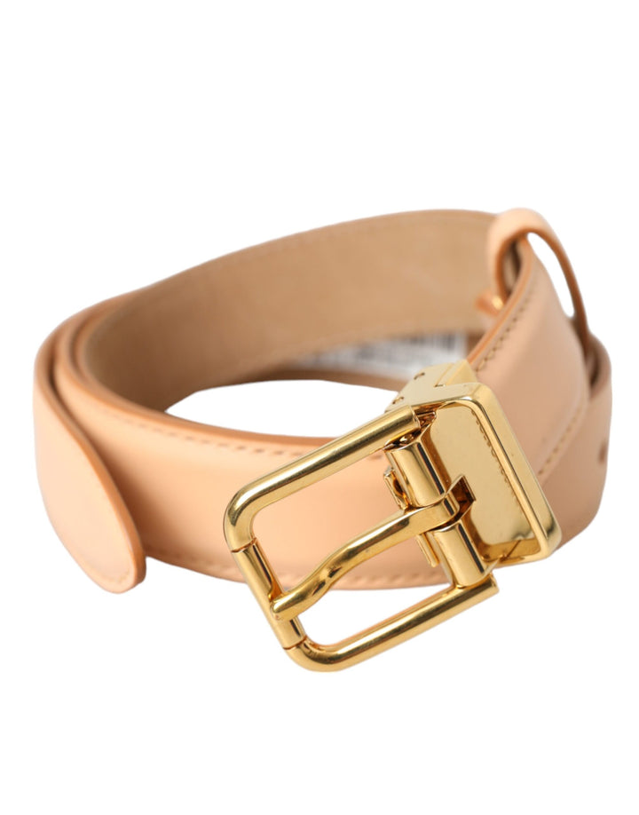 Beige calfskin leather belt with gold metal buckle