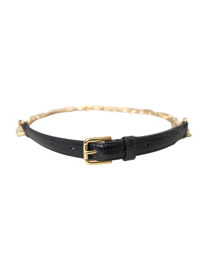 Schwarzes Leder Gold Kette Kristall Taille Frauen Gürtel