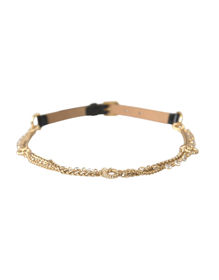 Schwarzes Leder Gold Kette Kristall Taille Frauen Gürtel