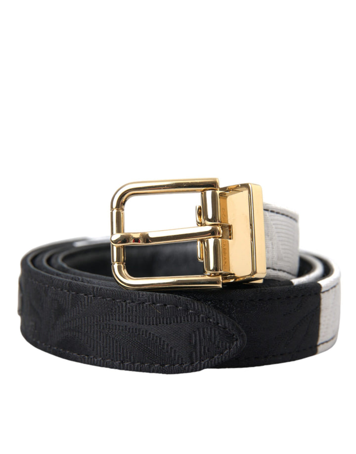 Black and white patchwork belt with gold metal buckle